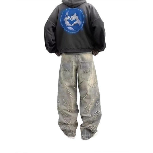 Retro Bat Pattern Lazy Embroidered Loose Jeans by GJG Denim