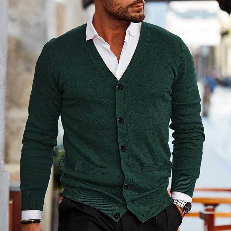 Men's Double-sided Pocket Knitwear V-neck Long Sleeve Slim Cardigan Sweater by GJG Denim