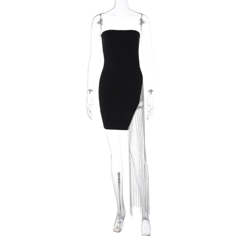 Solid Color Chest Wrap Adult Lady Like Woman Style Stitching Tassel Split Dress by GJG Denim