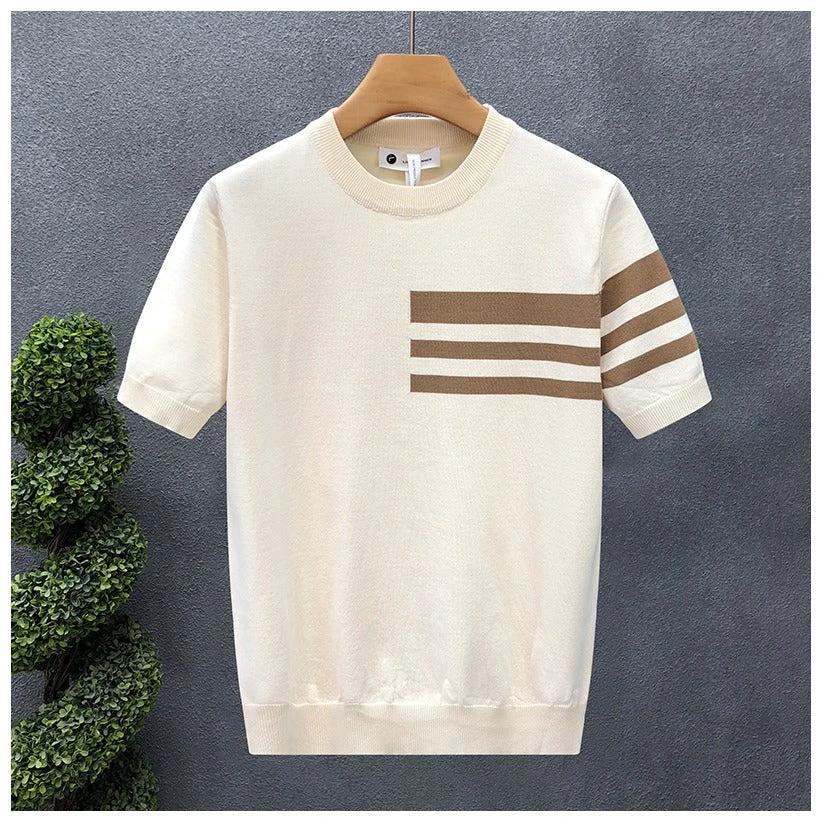 Trendy All-match Round Neck Knitted Short Sleeve Contrast Color Thin T-shirt by GJG Denim