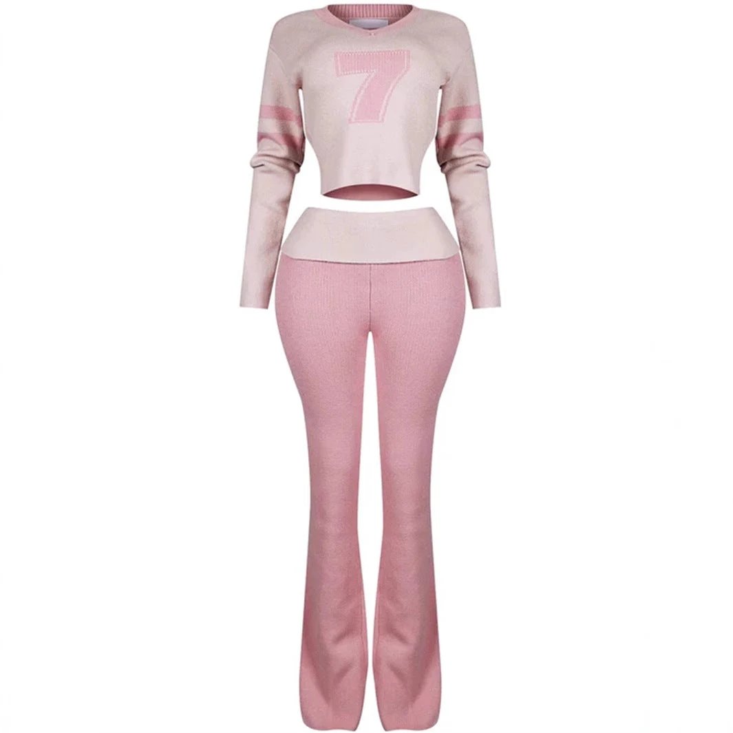 Contrast Color Fashion All-match V-neck Solid Color Knit Casual Long Sleeve Top And Trousers Suit by GJG Denim