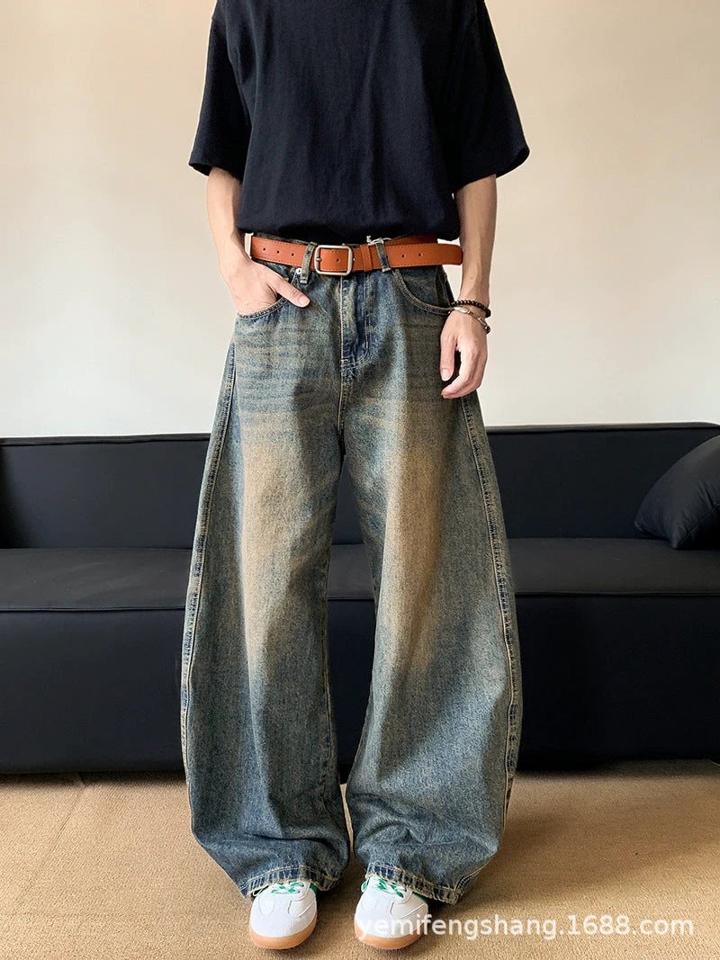 Men's Retro Distressed Machete Denim Slimming Wide-leg Jeans by GJG Denim