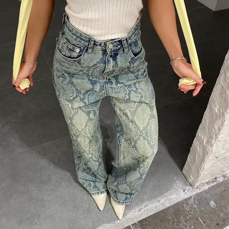 Women's American Style Spliced Snake Pattern Straight Leg Jeans by GJG Denim