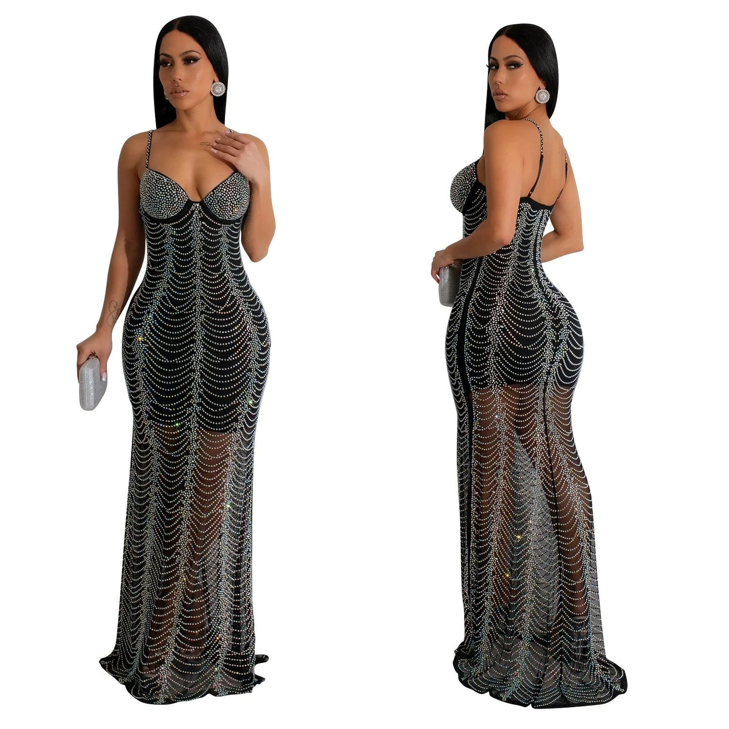European And American Fashion Women's Pure Color Mesh Rhinestone Strap Dress by GJG Denim
