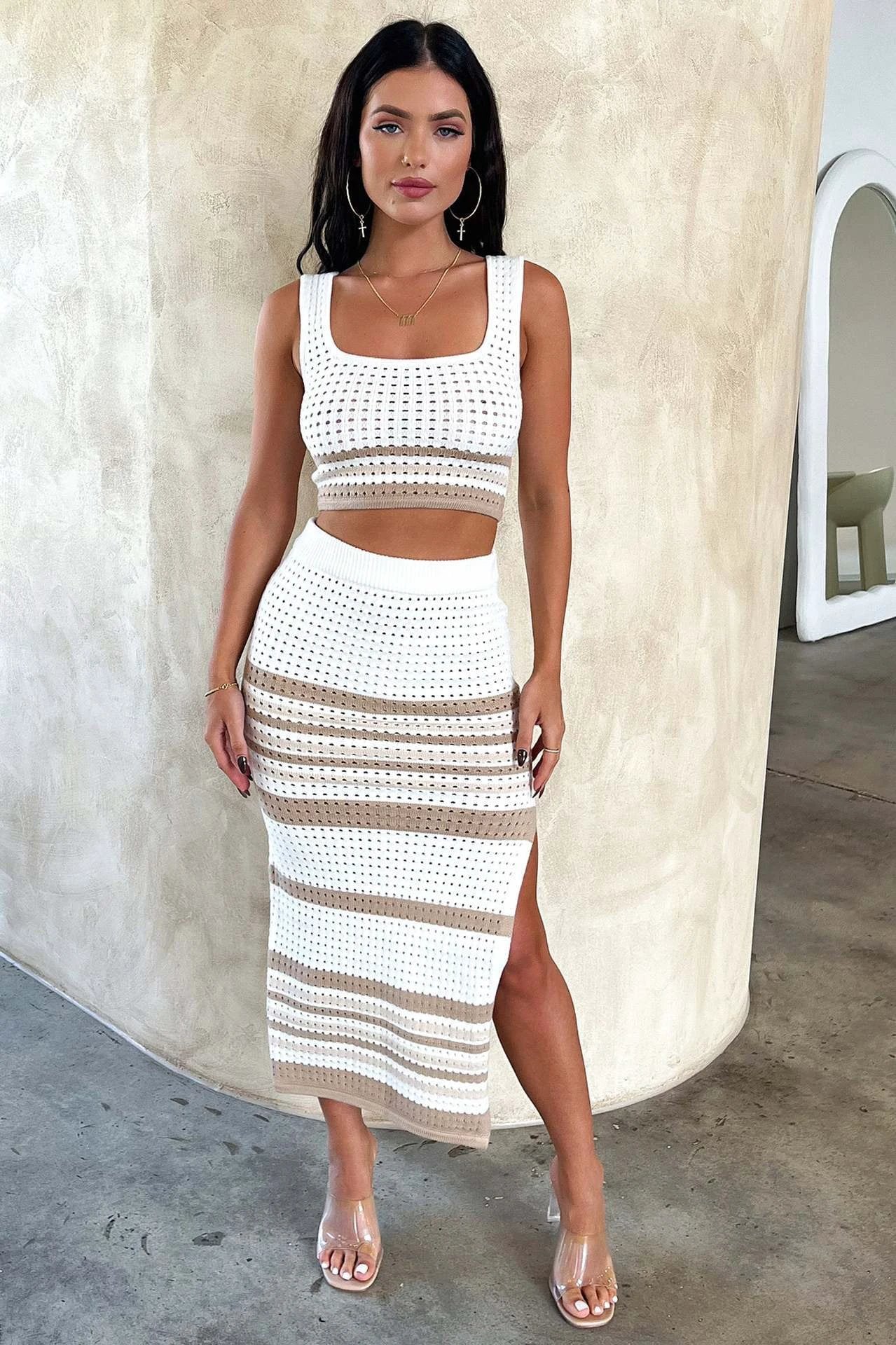 Summer New Sleeveless Vest Sexy Slit Striped Skirt Knitting Suit by GJG Denim