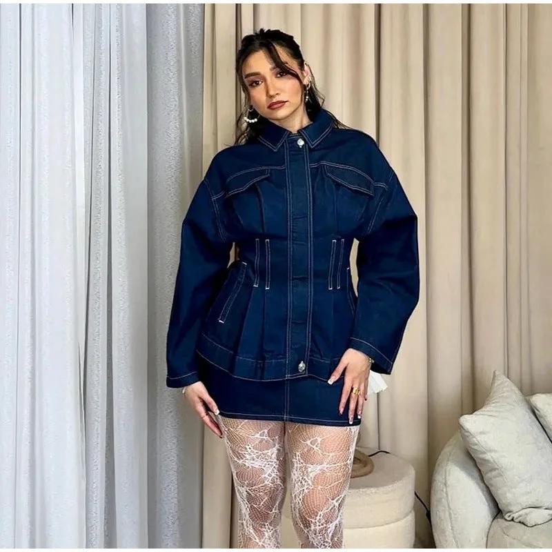 Women's Retro Washed Lapel And Waist Tight Denim Coat by GJG Denim