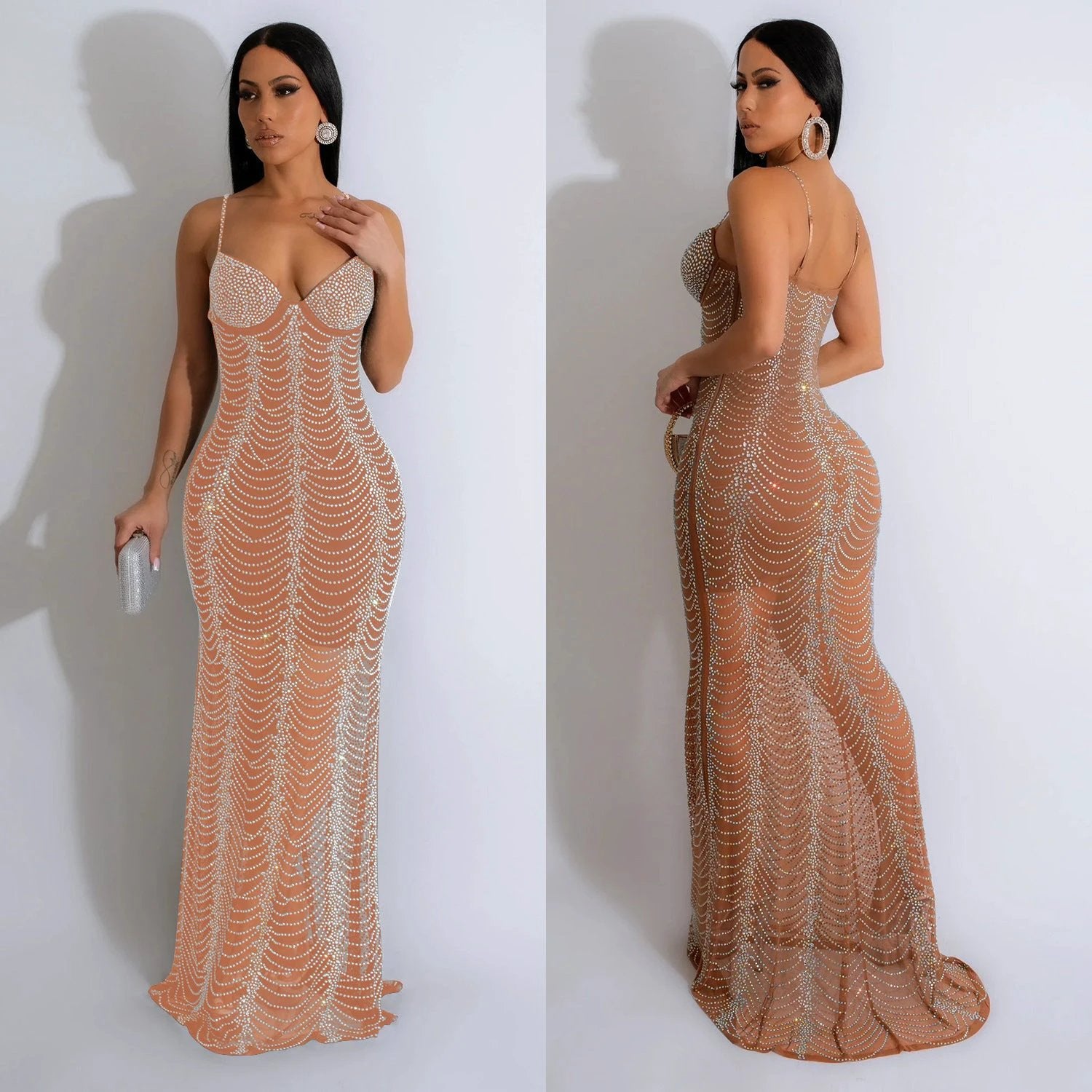 European And American Fashion Women's Pure Color Mesh Rhinestone Strap Dress by GJG Denim
