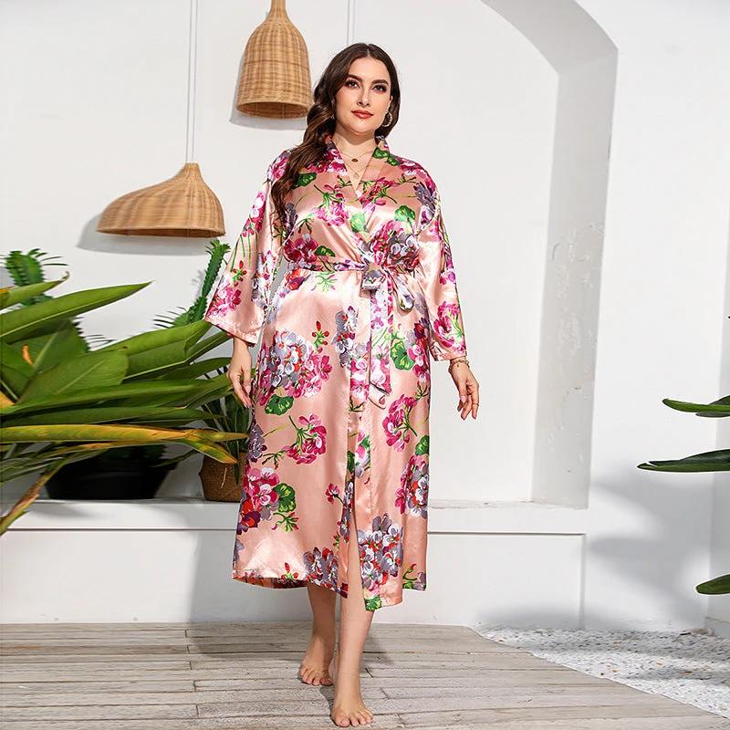 Plus Size Russian American Emulation Silk Nightgown Long-Sleeved Home Wear Women Leopard Print Wearable by Lady Ros