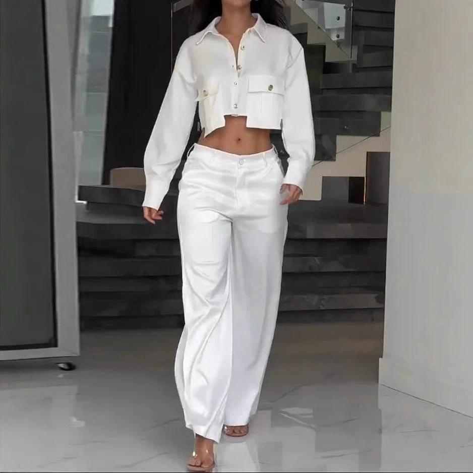 Midriff Outfit Long Sleeve Top Wide Leg Trousers by GJG Denim