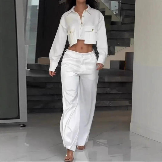 Midriff Outfit Long Sleeve Top Wide Leg Trousers by GJG Denim