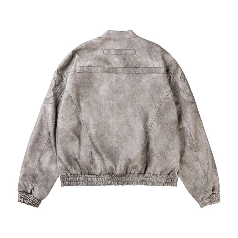 Marbling PU Leather Jacket Stand Collar Motorcycle Jacket by GJG Denim