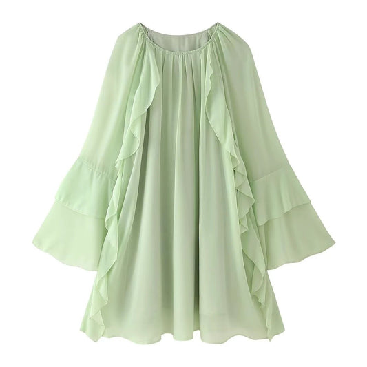 Women's Gentle Chiffon Laminated Ruffled Dress by GJG Denim