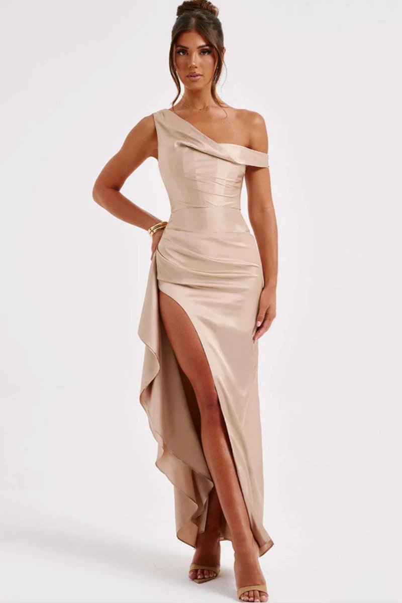 Women's Slant Shoulder Satin Waist sinching Long Dress by GJG Denim