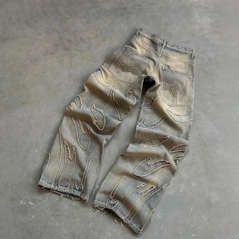 Retro Bat Pattern Lazy Embroidered Loose Jeans by GJG Denim