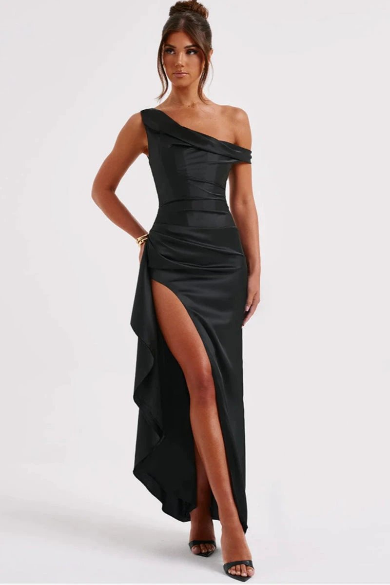 Women's Slant Shoulder Satin Waist sinching Long Dress by GJG Denim