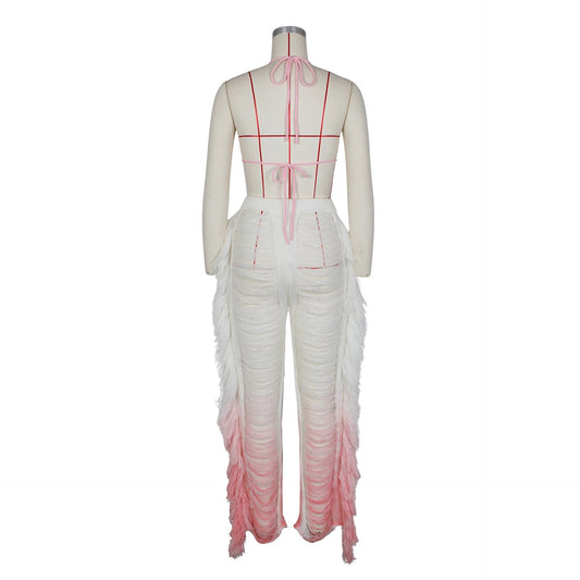 Gradient Beach Tassel Knitted Trousers Leisure Suit by GJG Denim