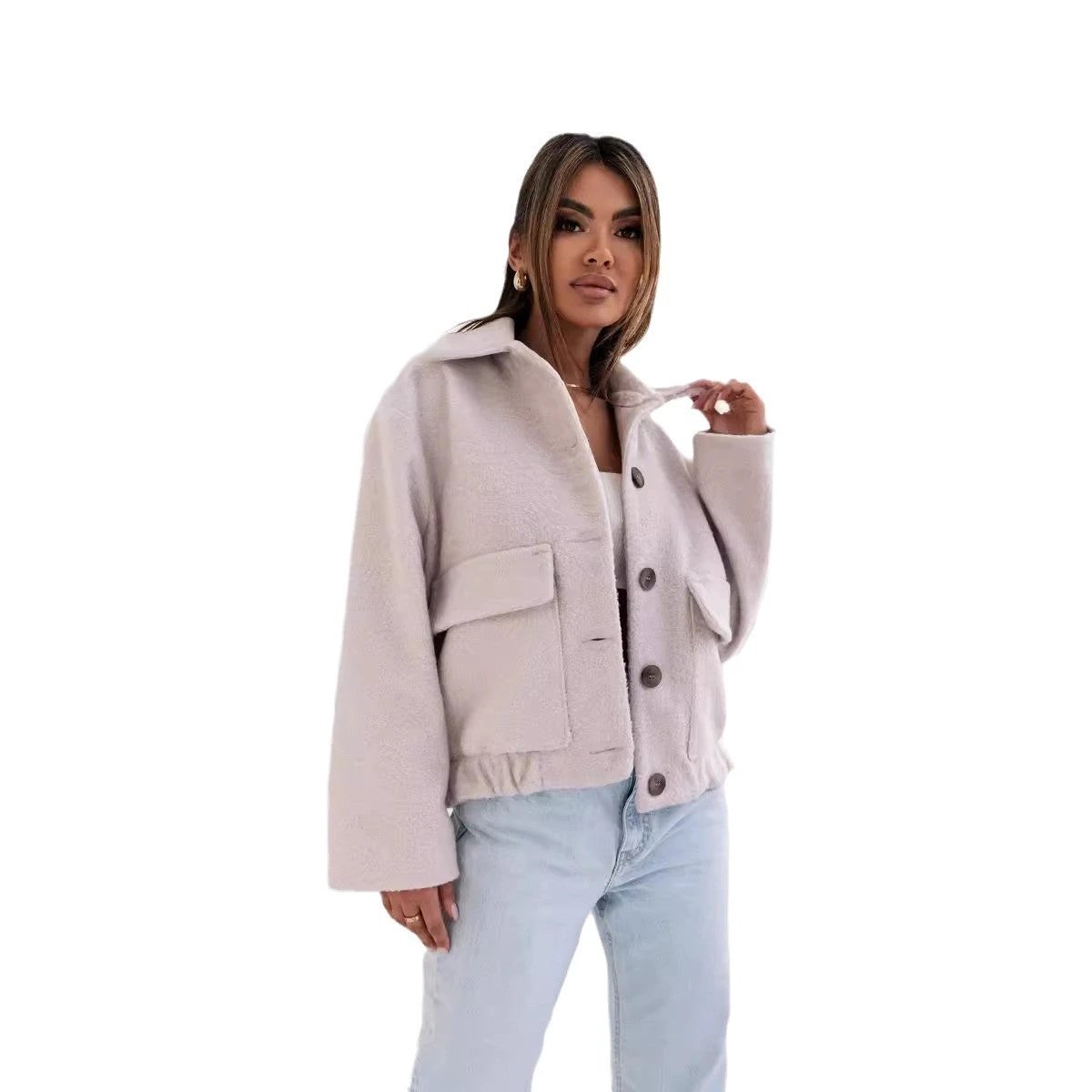 Women's Solid Color Casual Button Woolen Jacket by GJG Denim