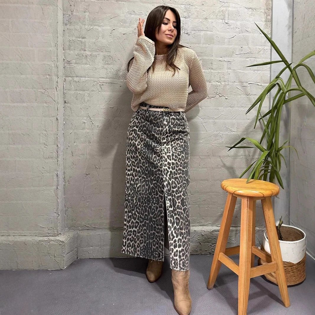 Leopard Print Straight Ankle-length Skirt by GJG Denim