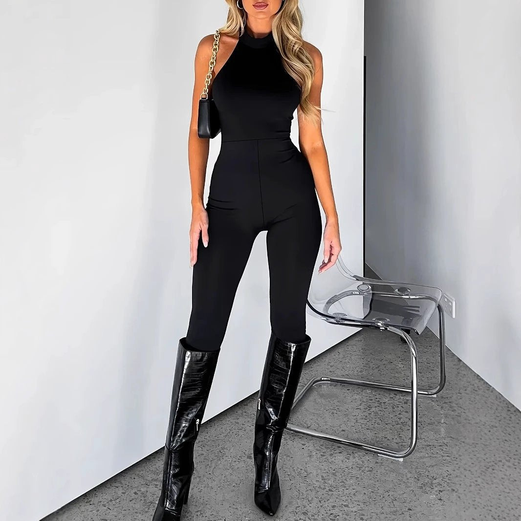 Women's Pure Color Halter Backless Sexy Slim-fit Jumpsuit Trousers by GJG Denim