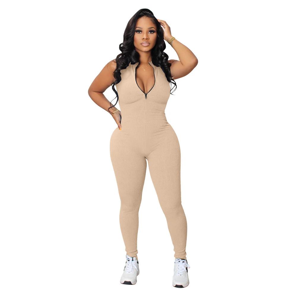 Women's Solid Color Stretch Small Sunken Stripe Zipper Jumpsuit by GJG Denim