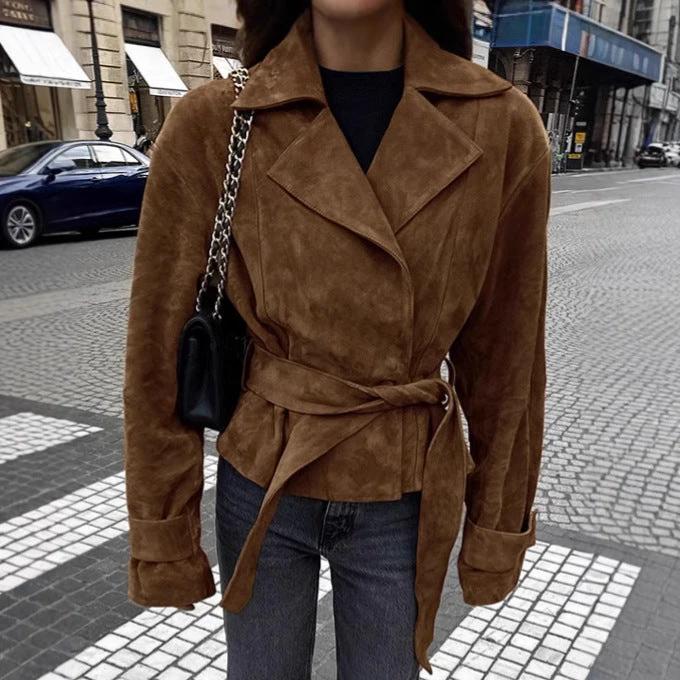 Suede Stomach Blanket Lace-up Coat Women's Vintage Coat by GJG Denim