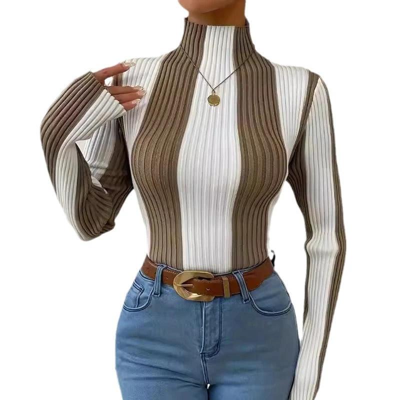 Women's Spring And Autumn Classic Black And White Contrast Color Vertical Pattern Sweater by GJG Denim