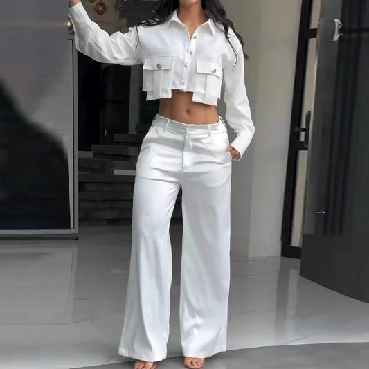 Midriff Outfit Long Sleeve Top Wide Leg Trousers by GJG Denim