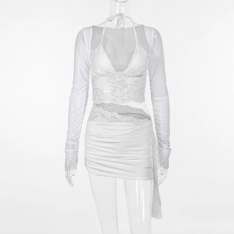 V-neck Lace Mesh Long Sleeve Cover and Cami Skirt Set by GJG Denim