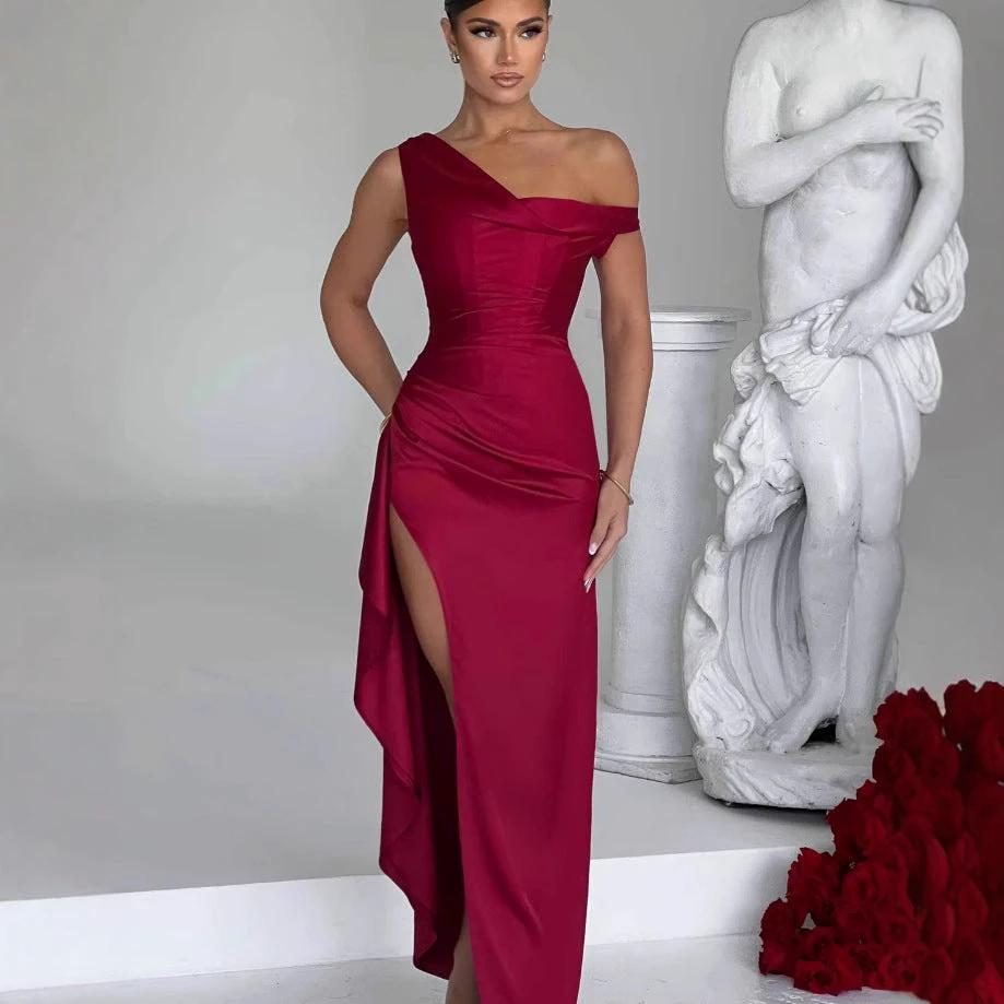 Women's Slant Shoulder Satin Waist sinching Long Dress by GJG Denim
