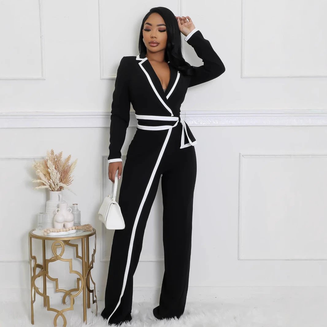 Fashion Belt Design Dual-color Patchwork Long Sleeve Jumpsuit by GJG Denim