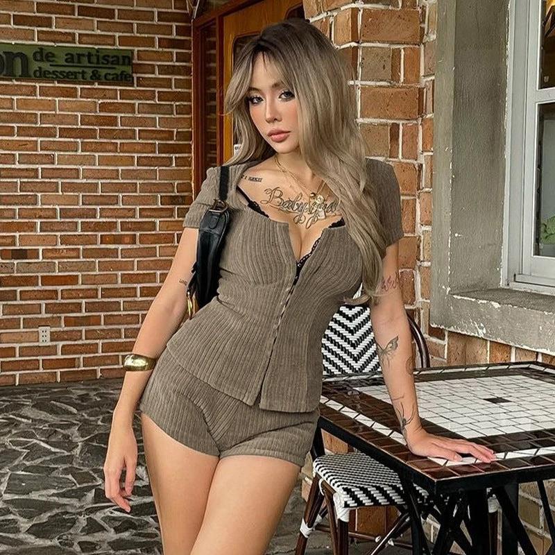 Ribbed Slim-fit Mid-sleeve Solid Color Top Shorts Ladies Two-piece Set by GJG Denim