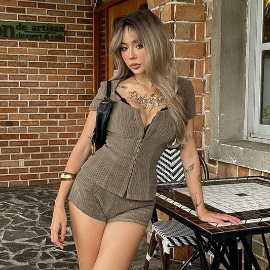 Ribbed Slim-fit Mid-sleeve Solid Color Top Shorts Ladies Two-piece Set by GJG Denim