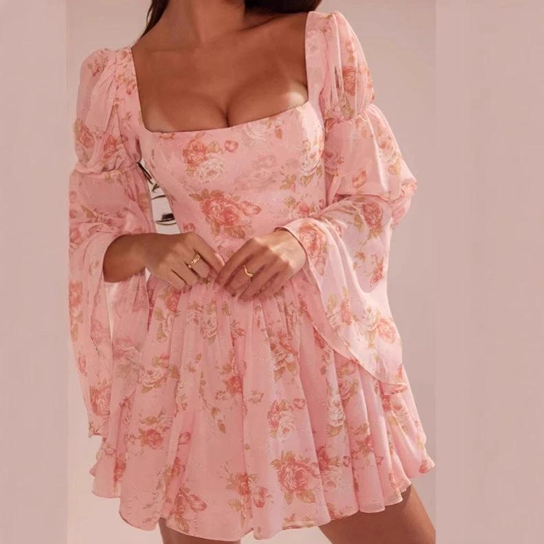 Floral Printed Pleated Long Bell Sleeve Short Dress by GJG Denim