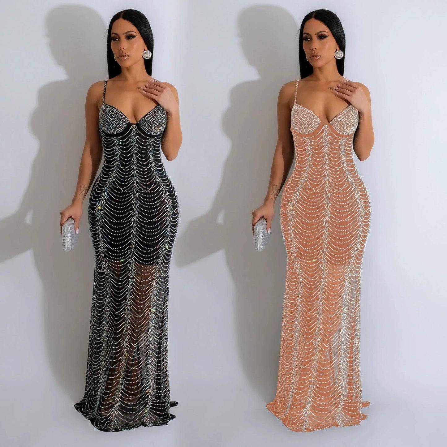 European And American Fashion Women's Pure Color Mesh Rhinestone Strap Dress by GJG Denim
