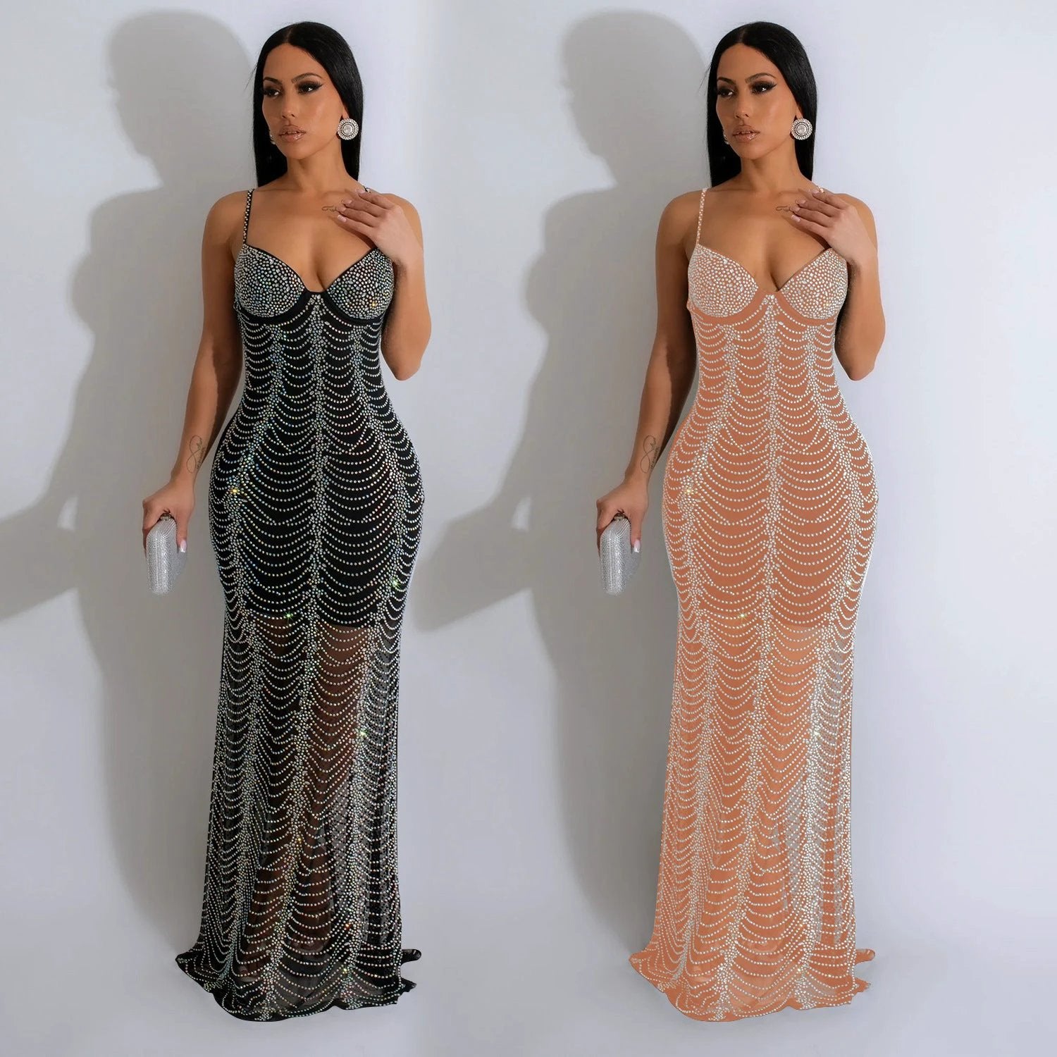European And American Fashion Women's Pure Color Mesh Rhinestone Strap Dress by GJG Denim
