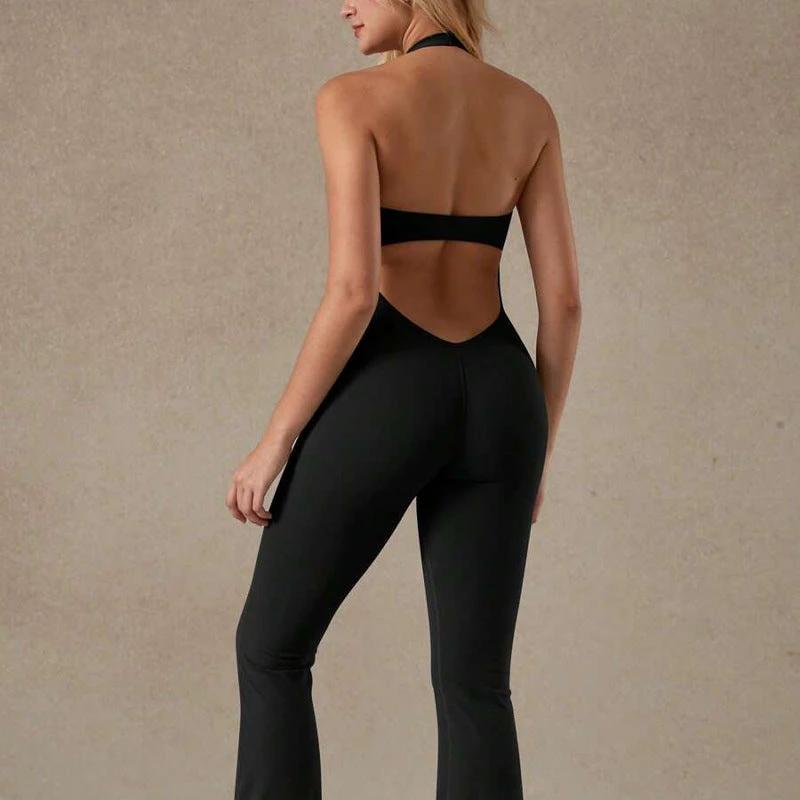 Lace Neckline Yoga Clothes Trousers Running Sports Neck-hanging Jumpsuit by GJG Denim