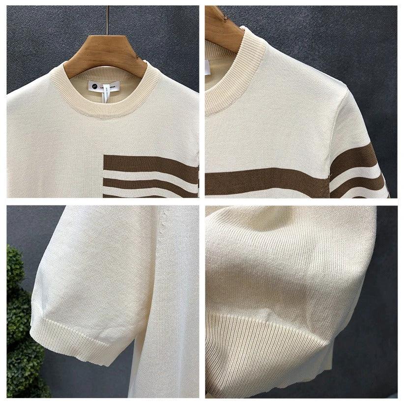 Trendy All-match Round Neck Knitted Short Sleeve Contrast Color Thin T-shirt by GJG Denim