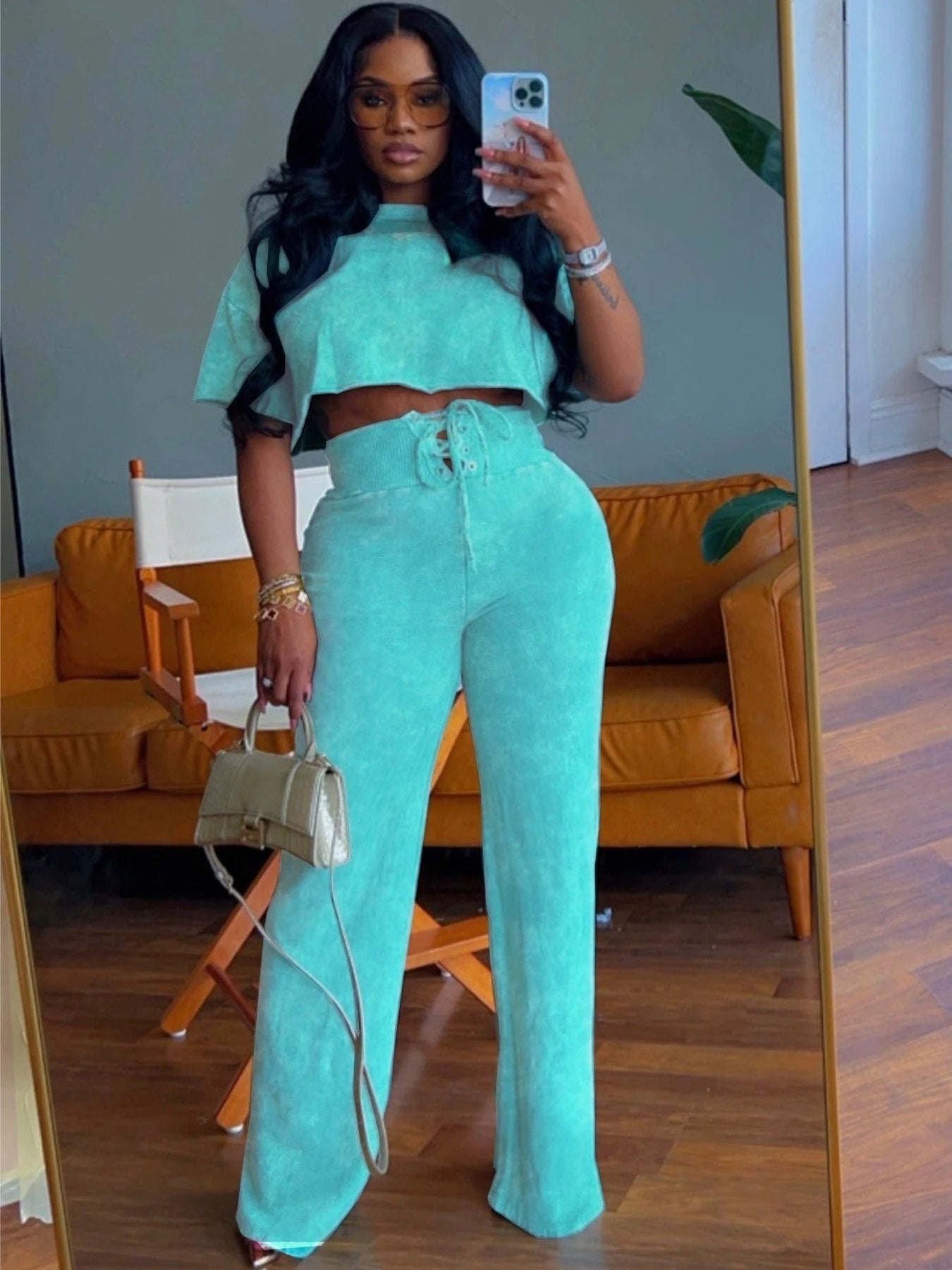 Leisure Commuter Daily Tie-dyed Short Women's Round Neck Top Lace-up Two-piece Pants by GJG Denim