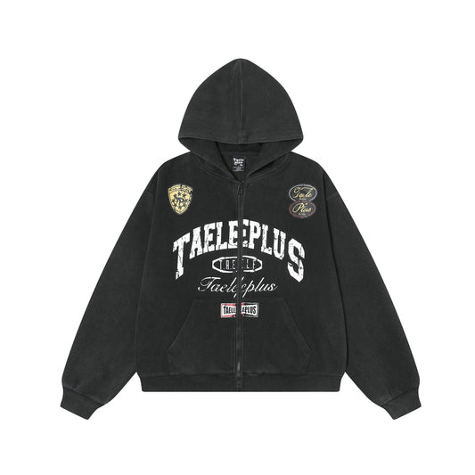 Spring New American College Style Retro Washed Hoodie Coat Cardigan Zipper Sweater by GJG Denim