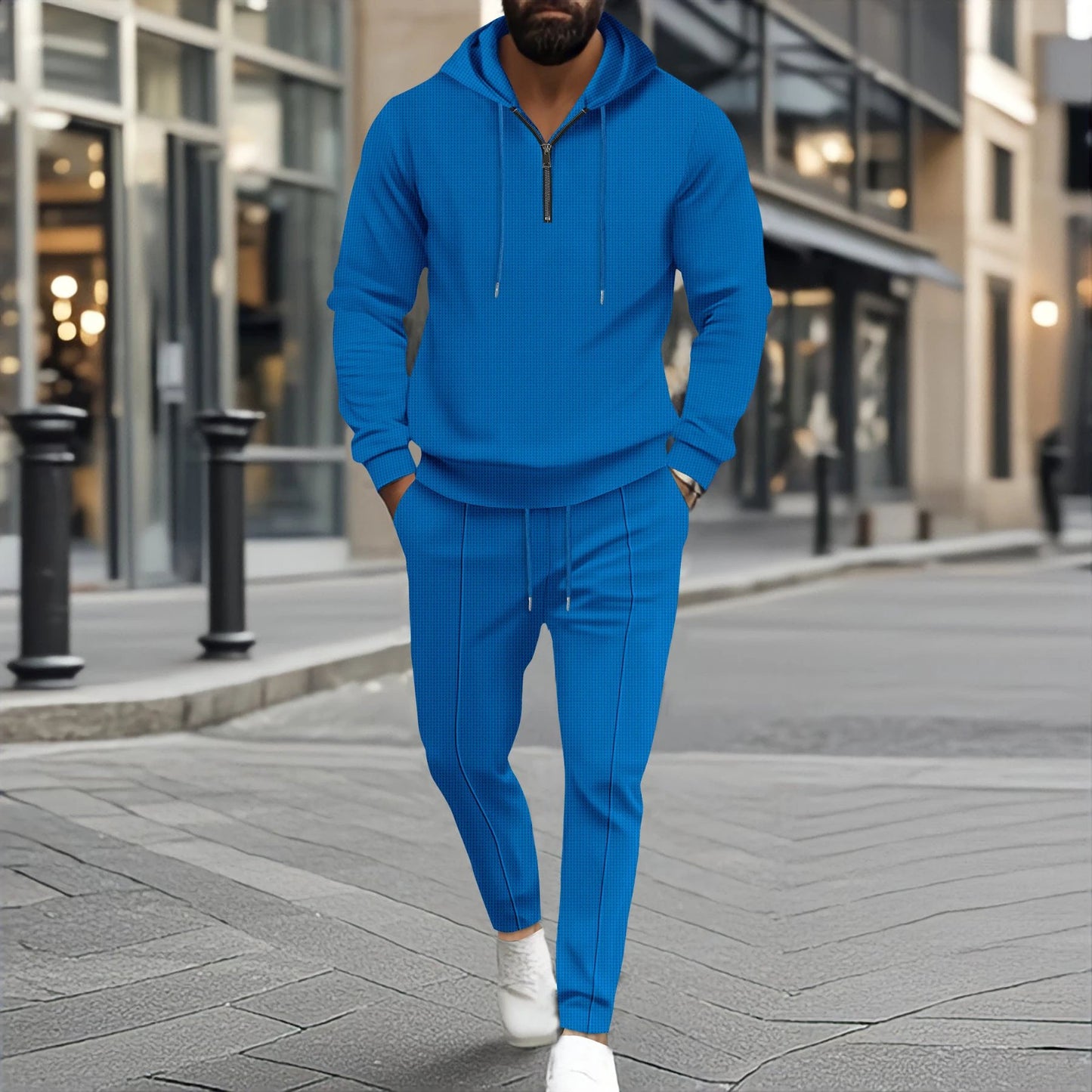 Waffle Hooded Small Zipper Casual Long Sleeve Pants Two-piece Suit by GJG Denim