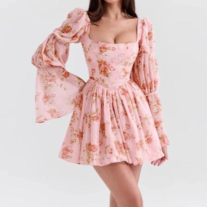 Floral Printed Pleated Long Bell Sleeve Short Dress by GJG Denim