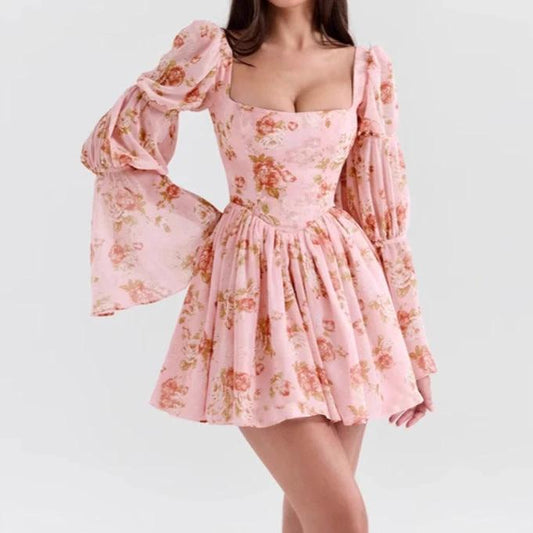 Floral Printed Pleated Long Bell Sleeve Short Dress by GJG Denim