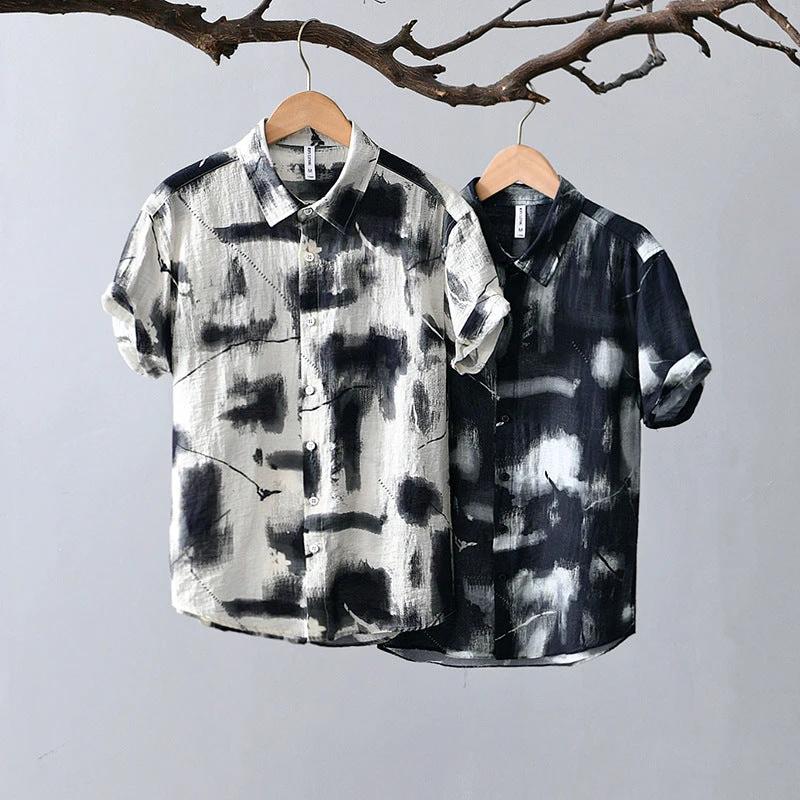 Men's Japanese Style Printed Short-sleeved Shirt by GJG Denim