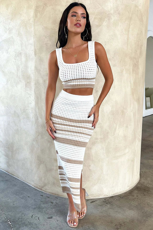 Summer New Sleeveless Vest Sexy Slit Striped Skirt Knitting Suit by GJG Denim