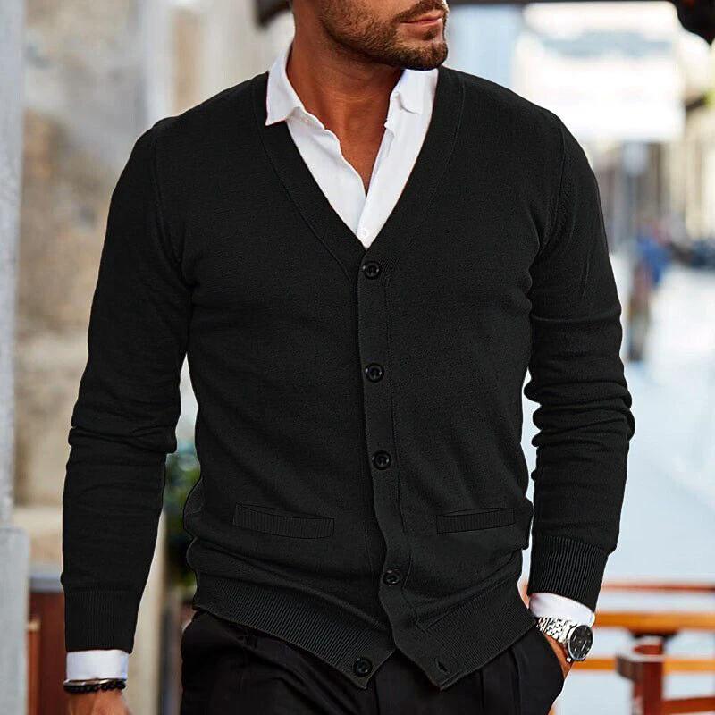 Men's Double-sided Pocket Knitwear V-neck Long Sleeve Slim Cardigan Sweater by GJG Denim
