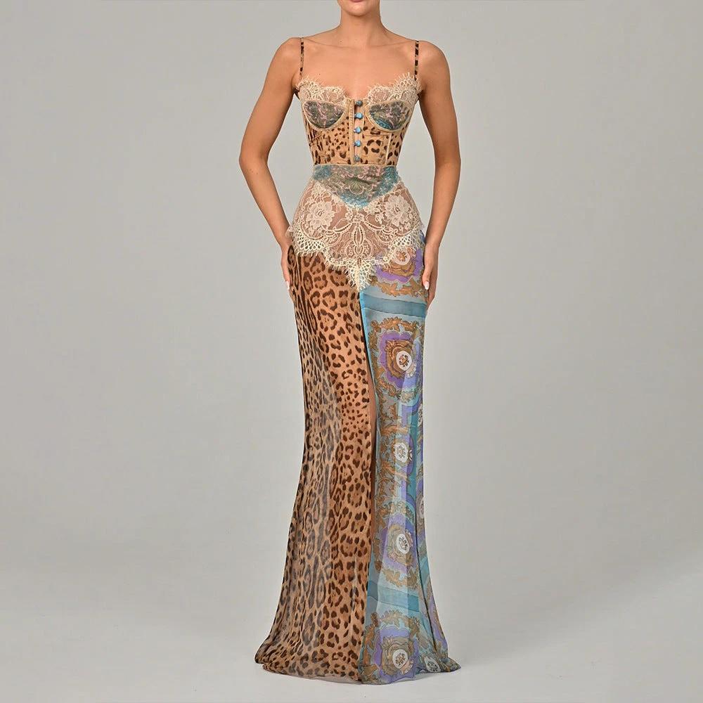 Corset Spaghetti-strap Floral Animal Print Patchwork Long Dress by GJG Denim