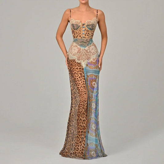 Corset Spaghetti-strap Floral Animal Print Patchwork Long Dress by GJG Denim