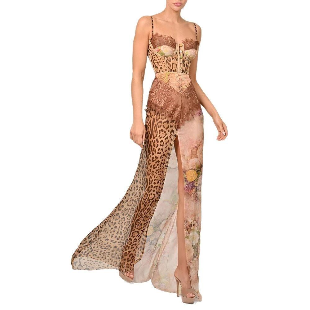 Corset Spaghetti-strap Floral Animal Print Patchwork Long Dress by GJG Denim