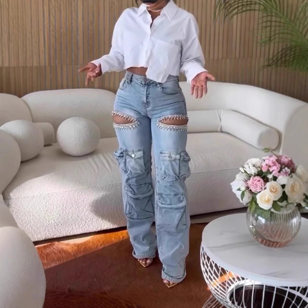 Thigh Hollow-out Rhinestone Decorations Cargo Multi-pocket Stretch Jeans by GJG Denim