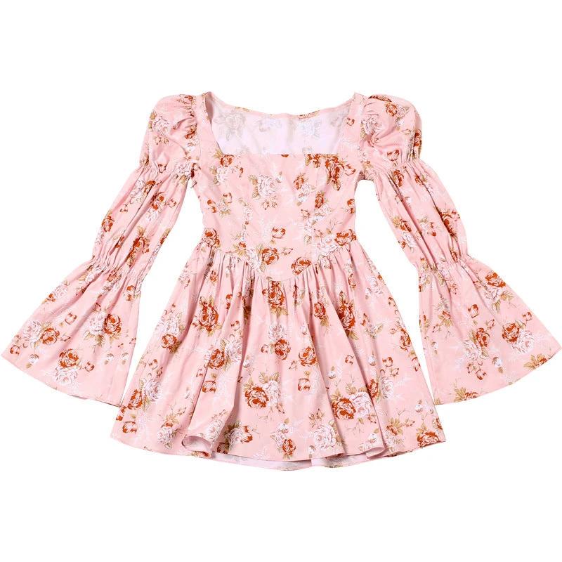 Floral Printed Pleated Long Bell Sleeve Short Dress by GJG Denim